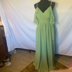 ABCDRESS Flowy Chiffon Cold Shoulder Ruffle V Neck Bridesmaid Gown Green Sz 4